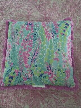 Lilly Pulitzer Floral Print Fringe Pillow in Aqua, Pink, 16x16 EUC